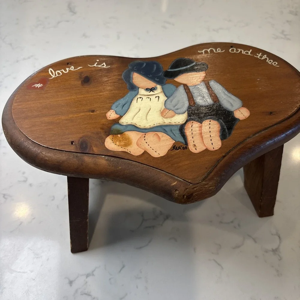 VTG Cottagecore Wood Heart-Shaped Footstool, Painted Doll 1988 Love Is Me & Thee
